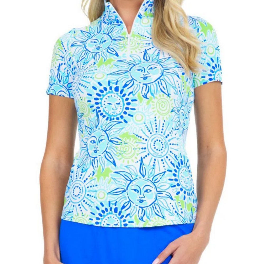 IBKUL Short Sleeve Zip Mock Neck Top in Sunny Day Seafoam Lime Size XS